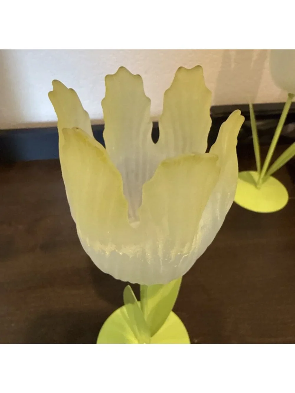 Vtg Lime - Yellow Frosted Tulip Flower Votive Tea Light Candle Holders Glass Mtl